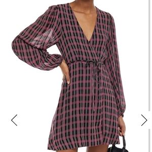 GANNI Checked Georgette Mini Wrap Dress - Plaid Long Sleeves Women’s Size XS
